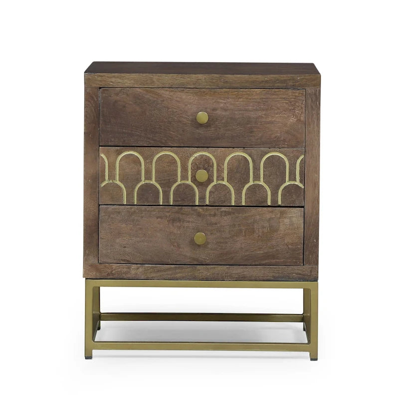 Table de chevet à 3 tiroirs en bois de manguier | Motif écailles de poisson doré | Cadre en fer, 44,5 cm L x 56 cm H