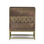 Table de chevet à 3 tiroirs en bois de manguier | Motif écailles de poisson doré | Cadre en fer, 44,5 cm L x 56 cm H