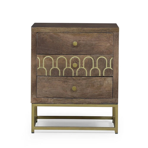 Table de chevet à 3 tiroirs en bois de manguier | Motif écailles de poisson doré | Cadre en fer, 44,5 cm L x 56 cm H