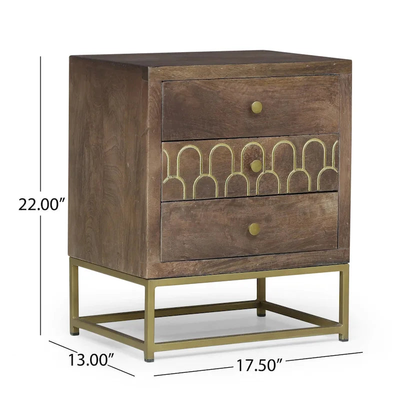 Table de chevet à 3 tiroirs en bois de manguier | Motif écailles de poisson doré | Cadre en fer, 44,5 cm L x 56 cm H