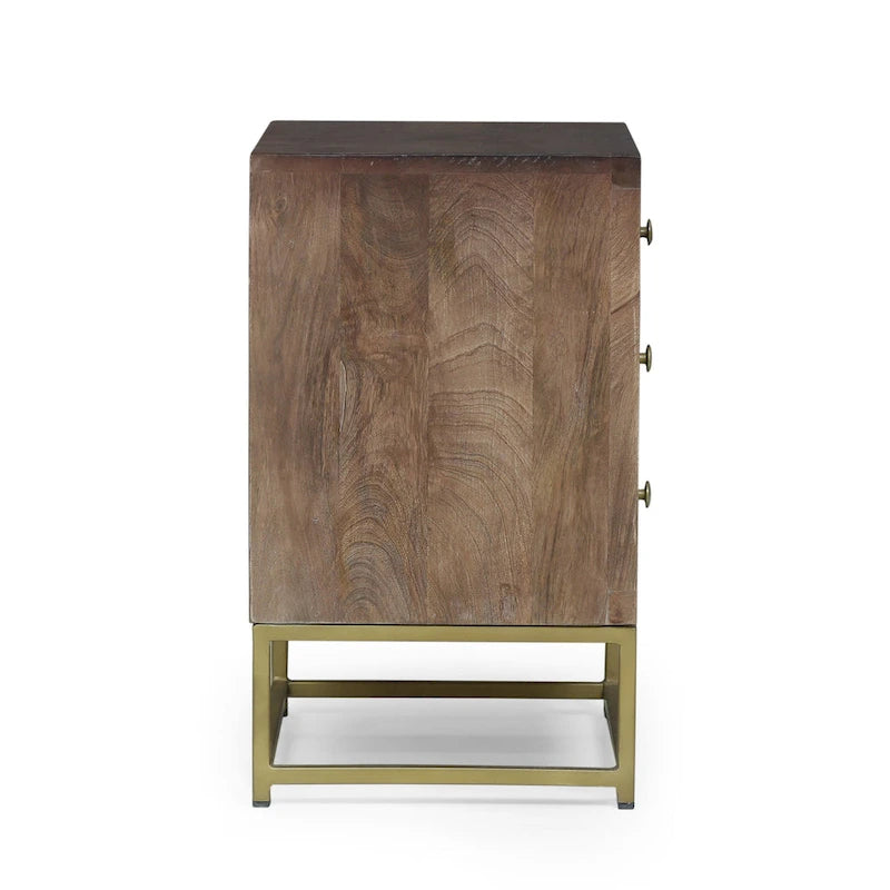 Table de chevet à 3 tiroirs en bois de manguier | Motif écailles de poisson doré | Cadre en fer, 44,5 cm L x 56 cm H