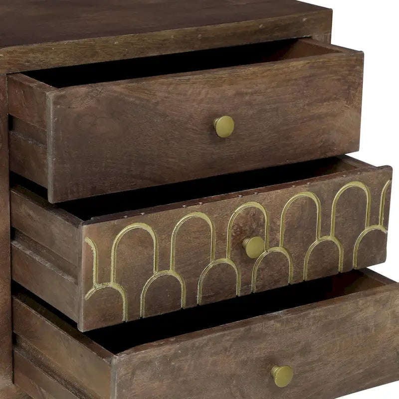 Table de chevet à 3 tiroirs en bois de manguier | Motif écailles de poisson doré | Cadre en fer, 44,5 cm L x 56 cm H