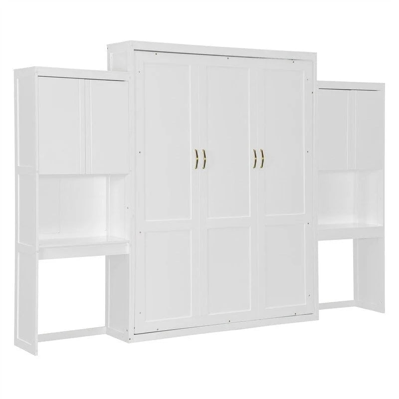 Queen Size Murphy Bed Wall Bed with Desk, Mirror and Vanity, Wooden Foldable Murphy Cabinet Bed with Storage Cabinets