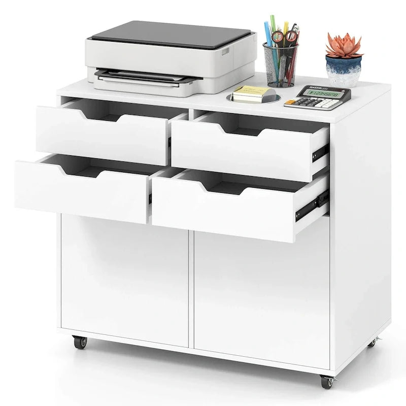 Caisson de bureau mobile à 4 tiroirs avec support pour imprimante en bois - Voir les détails