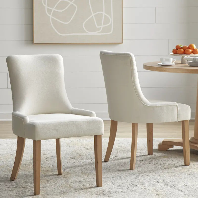 Lot de 2 chaises de salle à manger à dossier haut rembourrées | Lin crème | Pieds en bois d'hévéa massif