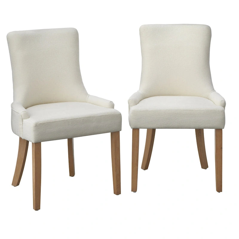 Lot de 2 chaises de salle à manger à dossier haut rembourrées | Lin crème | Pieds en bois d'hévéa massif