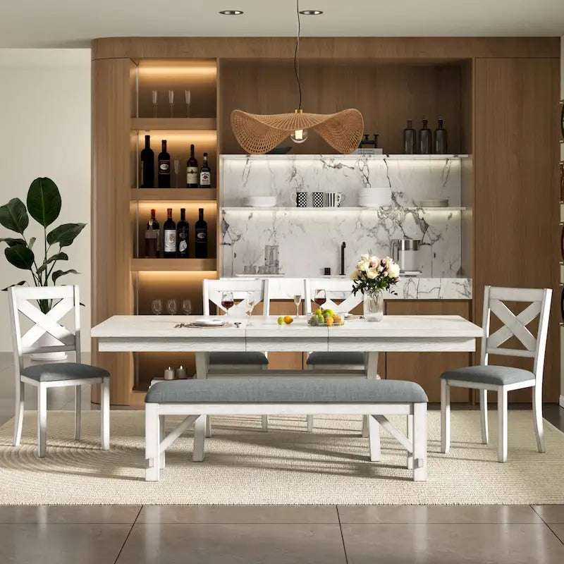 Ensemble table de salle à manger extensible avec 4 chaises et un banc | Bois d'hévéa massif | Pour 6-8 personnes