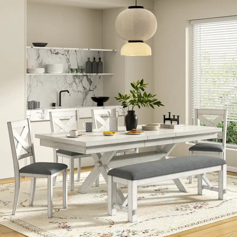 Ensemble table de salle à manger extensible avec 4 chaises et un banc | Bois d'hévéa massif | Pour 6-8 personnes