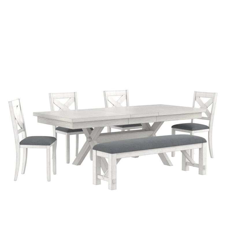 Ensemble table de salle à manger extensible avec 4 chaises et un banc | Bois d'hévéa massif | Pour 6-8 personnes