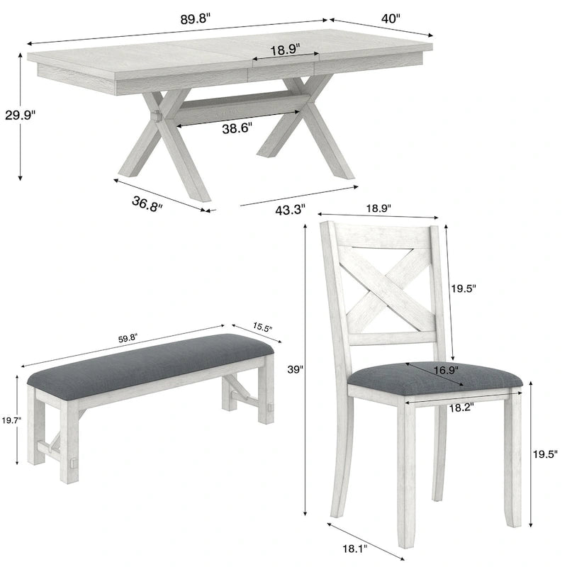 Ensemble table de salle à manger extensible avec 4 chaises et un banc | Bois d'hévéa massif | Pour 6-8 personnes