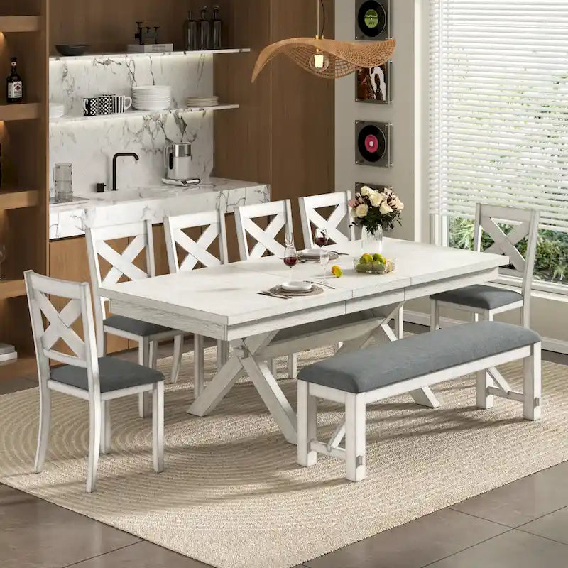 Ensemble table de salle à manger extensible avec 4 chaises et un banc | Bois d'hévéa massif | Pour 6-8 personnes