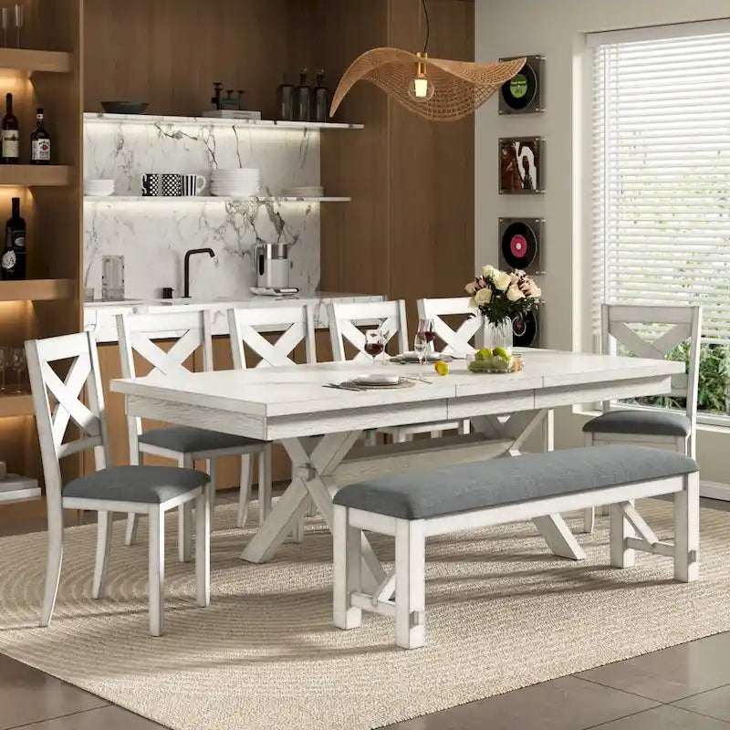 Ensemble table de salle à manger extensible avec 4 chaises et un banc | Bois d'hévéa massif | Pour 6-8 personnes