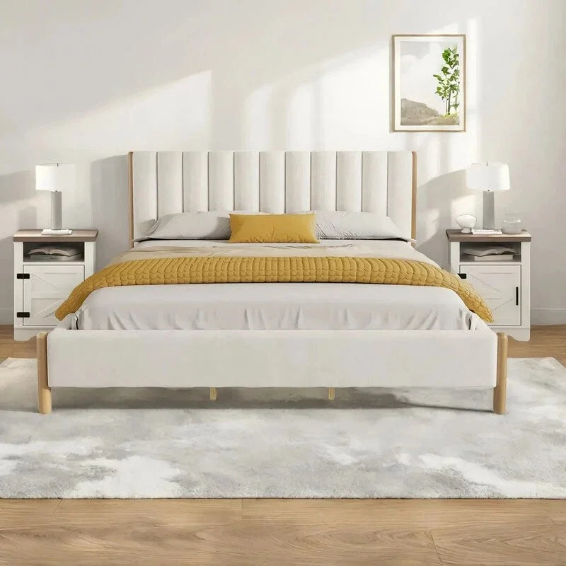 Ensembles de chambre à coucher 3 pièces, lit avec tête de lit épaisse rembourrée en bouclette, pieds en bois massif, ensemble de 2 tables de chevet avec porte coulissante type grange