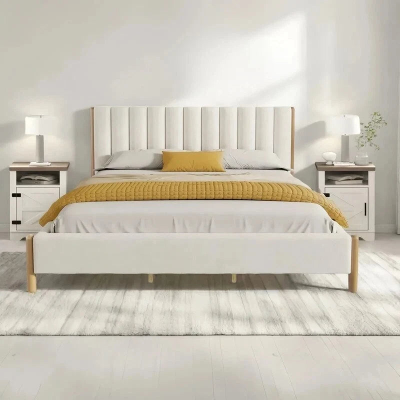 Ensembles de chambre à coucher 3 pièces, lit avec tête de lit épaisse rembourrée en bouclette, pieds en bois massif, ensemble de 2 tables de chevet avec porte coulissante type grange