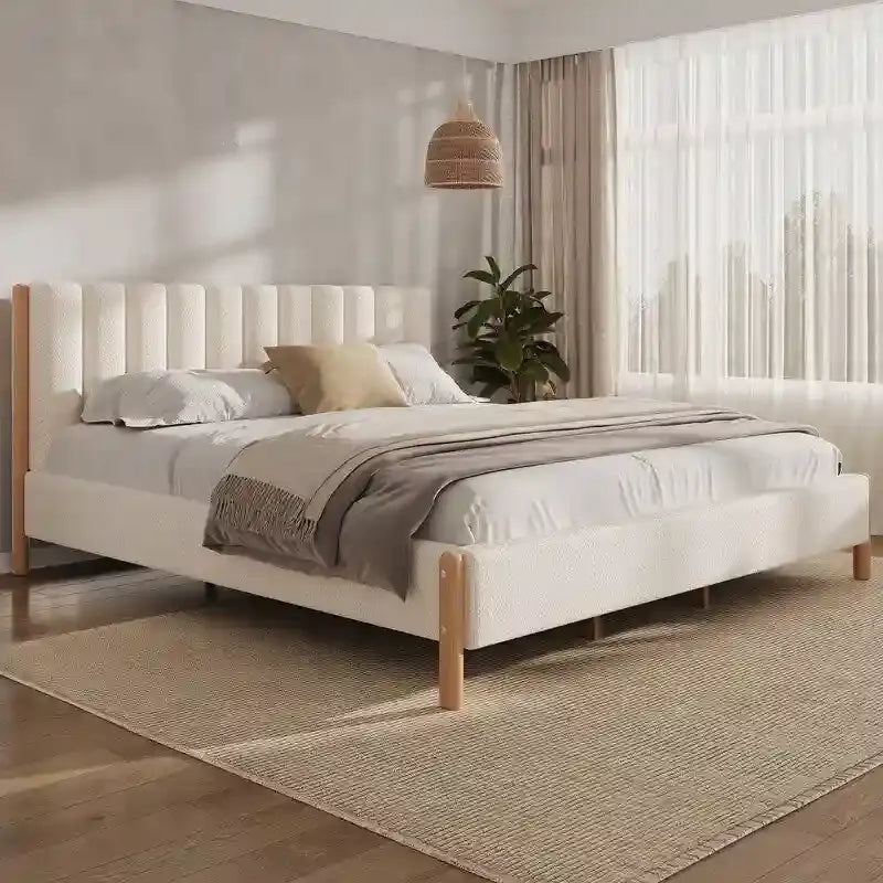 Ensembles de chambre à coucher 3 pièces, lit avec tête de lit épaisse rembourrée en bouclette, pieds en bois massif, ensemble de 2 tables de chevet avec porte coulissante type grange