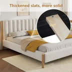 Ensembles de chambre à coucher 3 pièces, lit avec tête de lit épaisse rembourrée en bouclette, pieds en bois massif, ensemble de 2 tables de chevet avec porte coulissante type grange