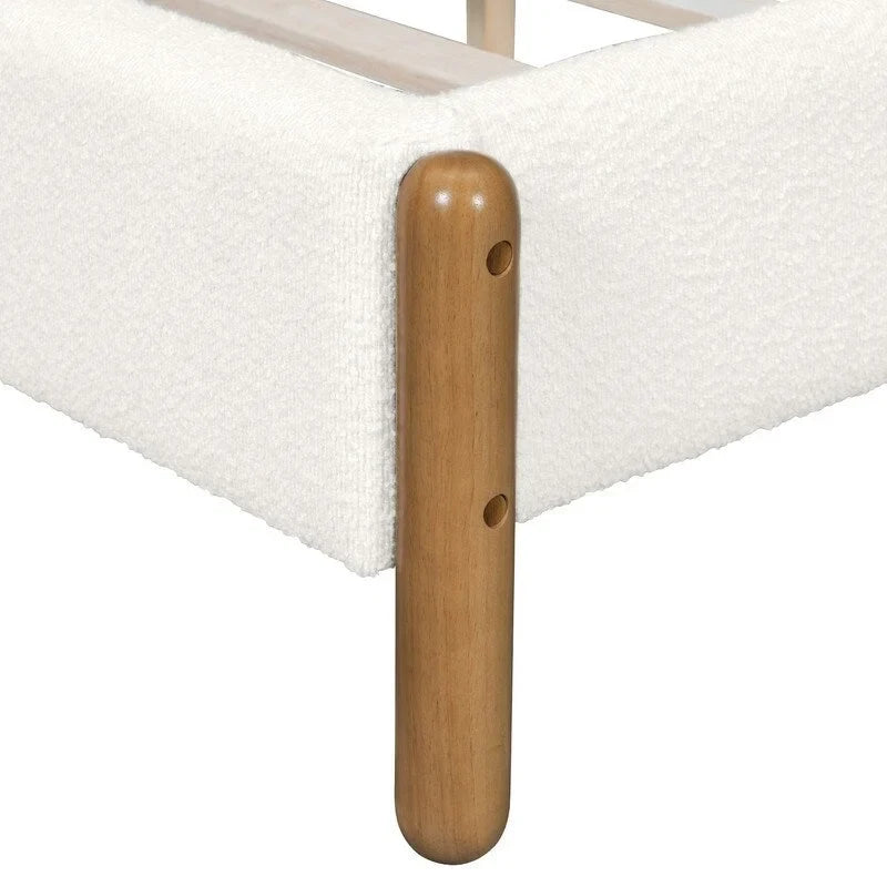 Ensembles de chambre à coucher 3 pièces, lit avec tête de lit épaisse rembourrée en bouclette, pieds en bois massif, ensemble de 2 tables de chevet avec porte coulissante type grange