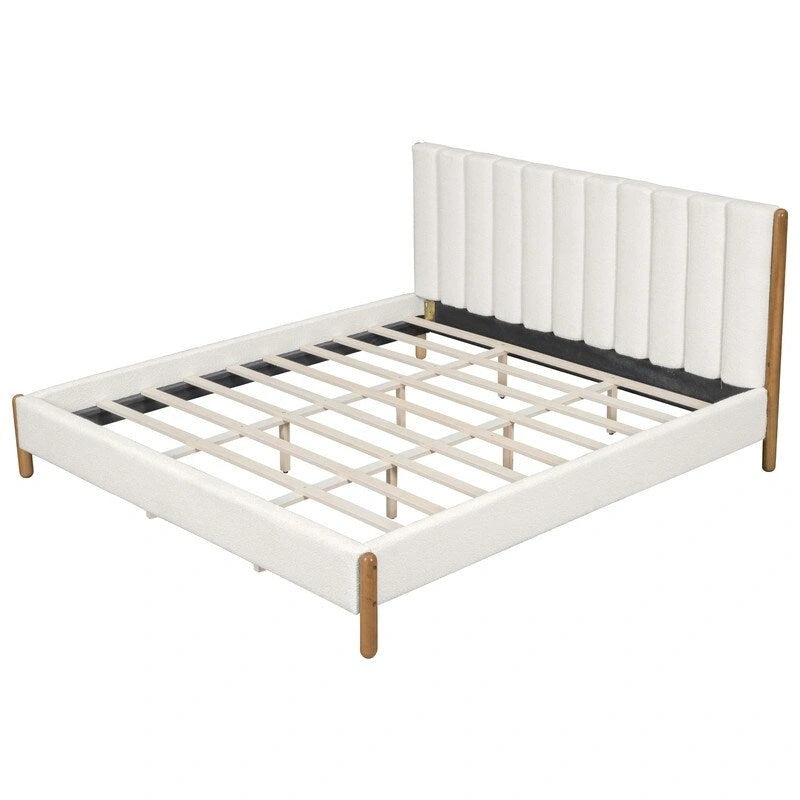 Ensembles de chambre à coucher 3 pièces, lit avec tête de lit épaisse rembourrée en bouclette, pieds en bois massif, ensemble de 2 tables de chevet avec porte coulissante type grange