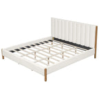 Ensembles de chambre à coucher 3 pièces, lit avec tête de lit épaisse rembourrée en bouclette, pieds en bois massif, ensemble de 2 tables de chevet avec porte coulissante type grange
