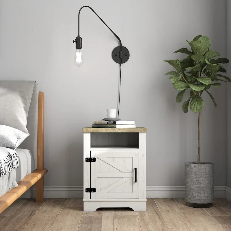 Ensembles de chambre à coucher 3 pièces, lit avec tête de lit épaisse rembourrée en bouclette, pieds en bois massif, ensemble de 2 tables de chevet avec porte coulissante type grange