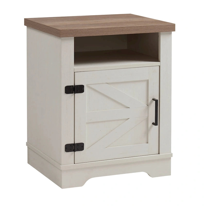 Ensembles de chambre à coucher 3 pièces, lit avec tête de lit épaisse rembourrée en bouclette, pieds en bois massif, ensemble de 2 tables de chevet avec porte coulissante type grange