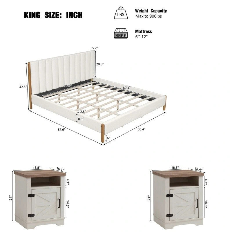 Ensembles de chambre à coucher 3 pièces, lit avec tête de lit épaisse rembourrée en bouclette, pieds en bois massif, ensemble de 2 tables de chevet avec porte coulissante type grange