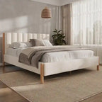 Ensembles de chambre à coucher 3 pièces, lit avec tête de lit épaisse rembourrée en bouclette, pieds en bois massif, ensemble de 2 tables de chevet avec porte coulissante type grange
