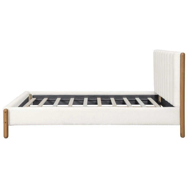 Ensembles de chambre à coucher 3 pièces, lit avec tête de lit épaisse rembourrée en bouclette, pieds en bois massif, ensemble de 2 tables de chevet avec porte coulissante type grange
