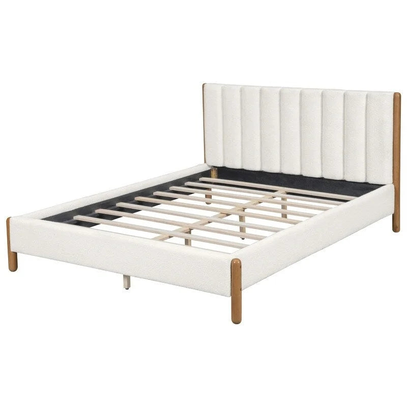 Ensembles de chambre à coucher 3 pièces, lit avec tête de lit épaisse rembourrée en bouclette, pieds en bois massif, ensemble de 2 tables de chevet avec porte coulissante type grange