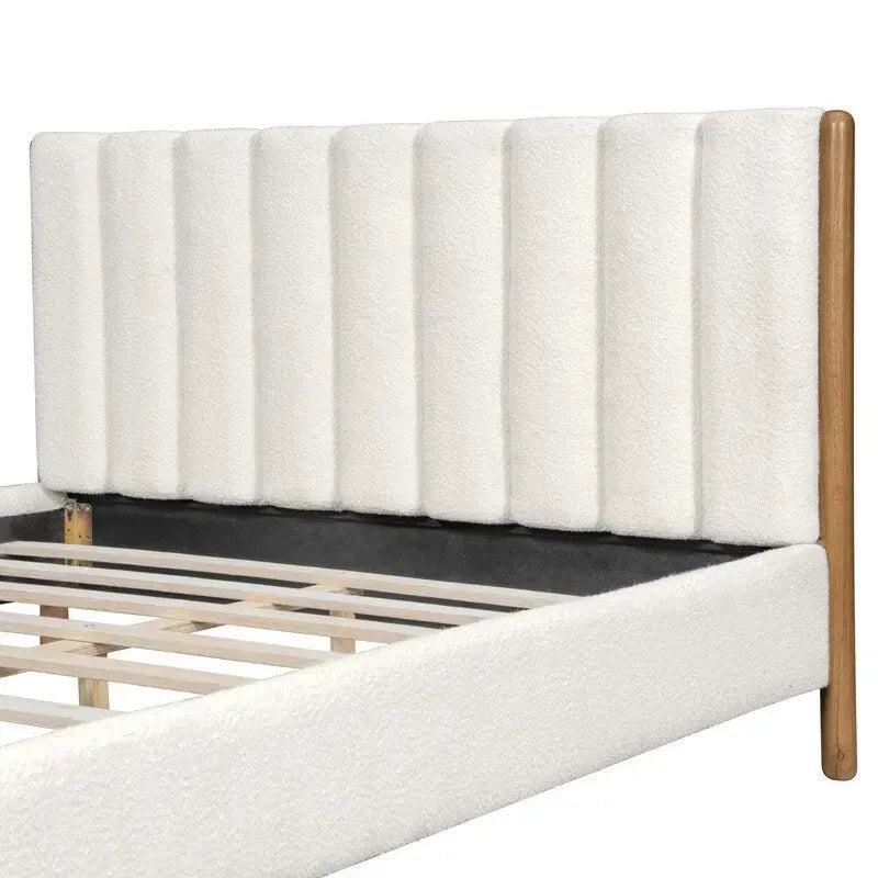 Ensembles de chambre à coucher 3 pièces, lit avec tête de lit épaisse rembourrée en bouclette, pieds en bois massif, ensemble de 2 tables de chevet avec porte coulissante type grange