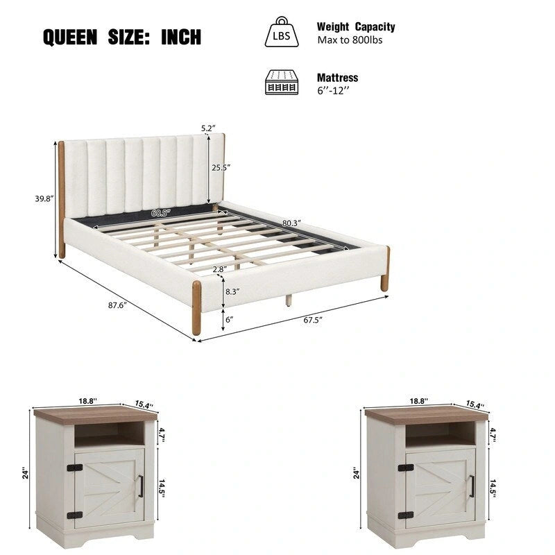 Ensembles de chambre à coucher 3 pièces, lit avec tête de lit épaisse rembourrée en bouclette, pieds en bois massif, ensemble de 2 tables de chevet avec porte coulissante type grange