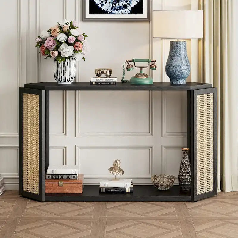 Console étroite avec étagère en rotin | Plateau irrégulier, style bohème