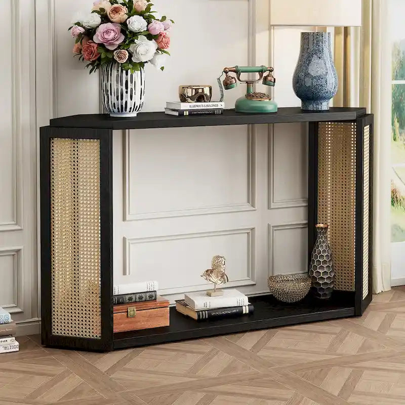 Console étroite avec étagère en rotin | Plateau irrégulier, style bohème