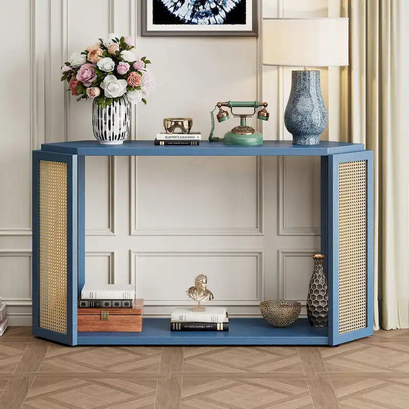 Console étroite avec étagère en rotin | Plateau irrégulier, style bohème