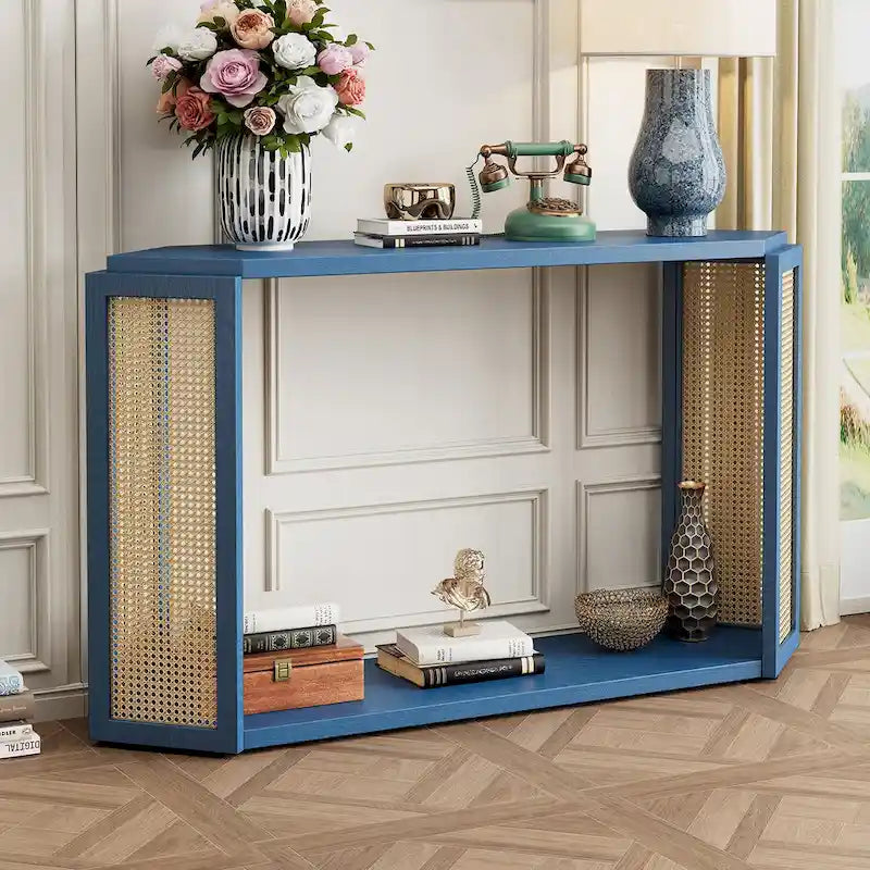 Console étroite avec étagère en rotin | Plateau irrégulier, style bohème