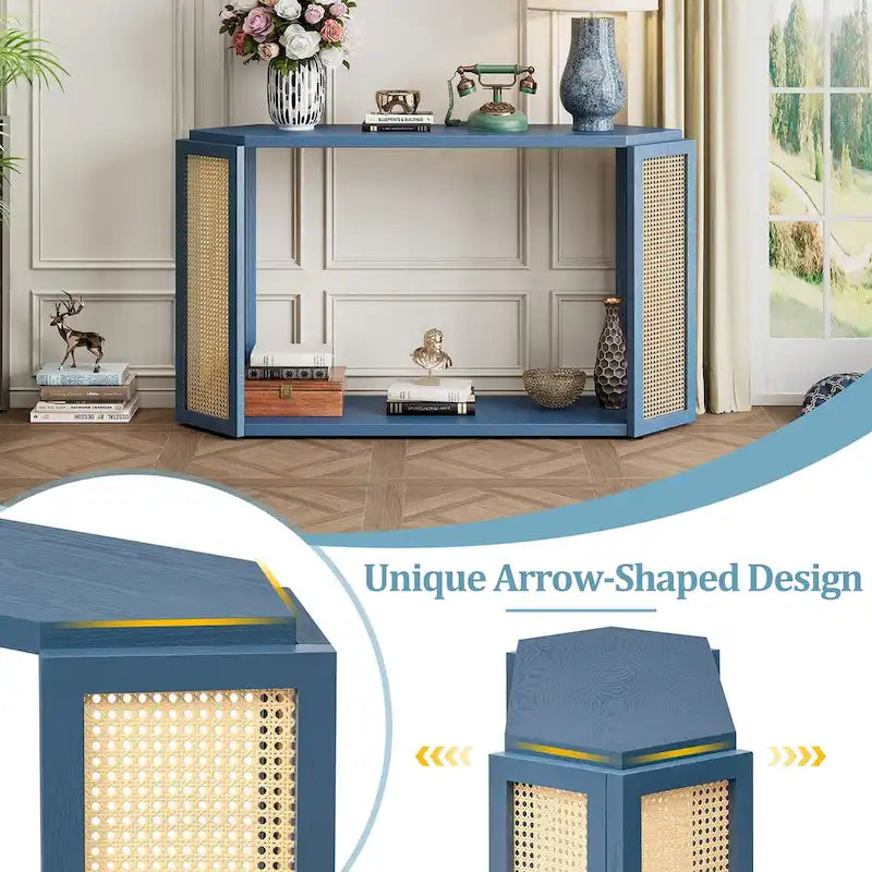 Console étroite avec étagère en rotin | Plateau irrégulier, style bohème