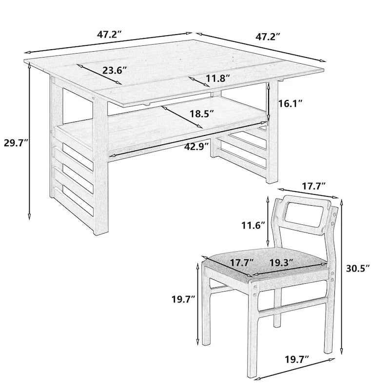 Ensemble table et chaises de salle à manger extensibles en bois, ensemble table et chaises de salle à manger du milieu du siècle avec 2 rallonges et étagère de rangement