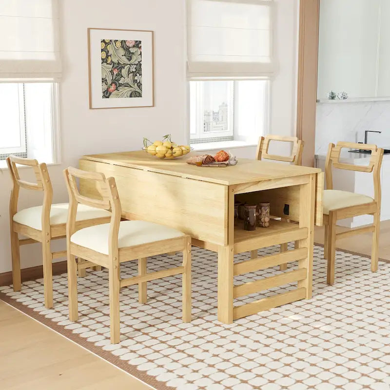 Ensemble table et chaises de salle à manger extensibles en bois, ensemble table et chaises de salle à manger du milieu du siècle avec 2 rallonges et étagère de rangement
