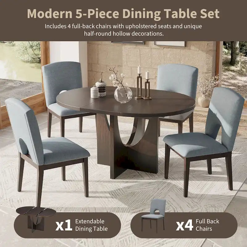 Table à manger ronde moderne 5 pièces avec rallonge amovible de 16,2 po