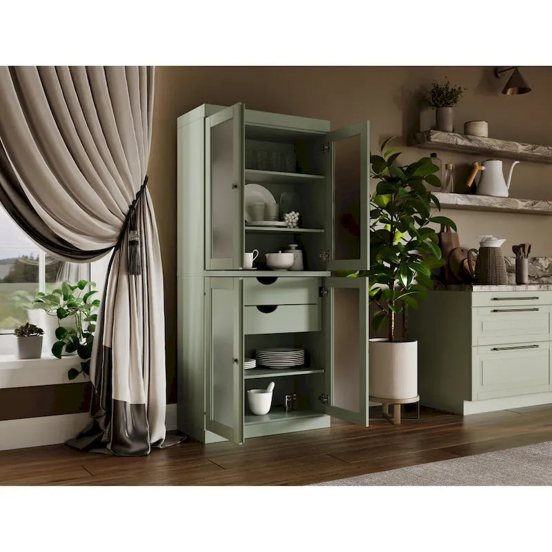 Vaisselier 100% pin massif | Portes en verre dépoli, 2 tiroirs | 81 cm (l) x 181,5 cm (H)