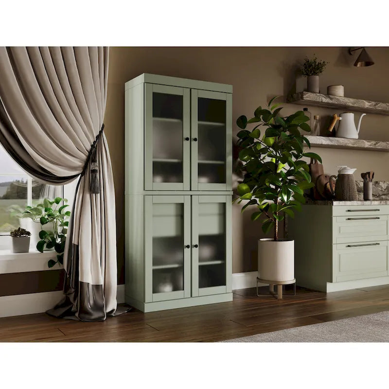 Vaisselier 100% pin massif | Portes en verre dépoli, 2 tiroirs | 81 cm (l) x 181,5 cm (H)