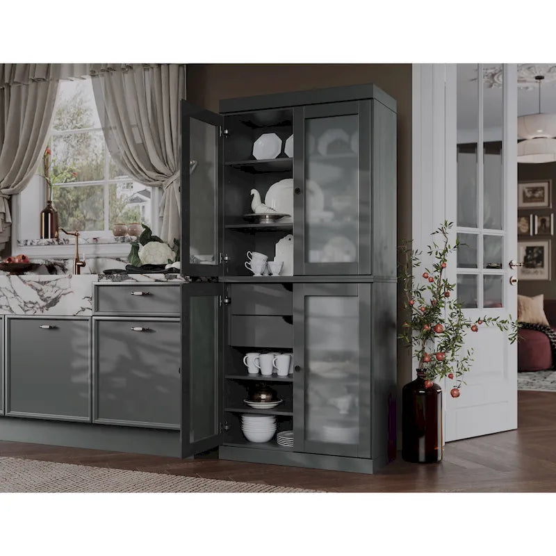 Vaisselier 100% pin massif | Portes en verre dépoli, 2 tiroirs | 81 cm (l) x 181,5 cm (H)