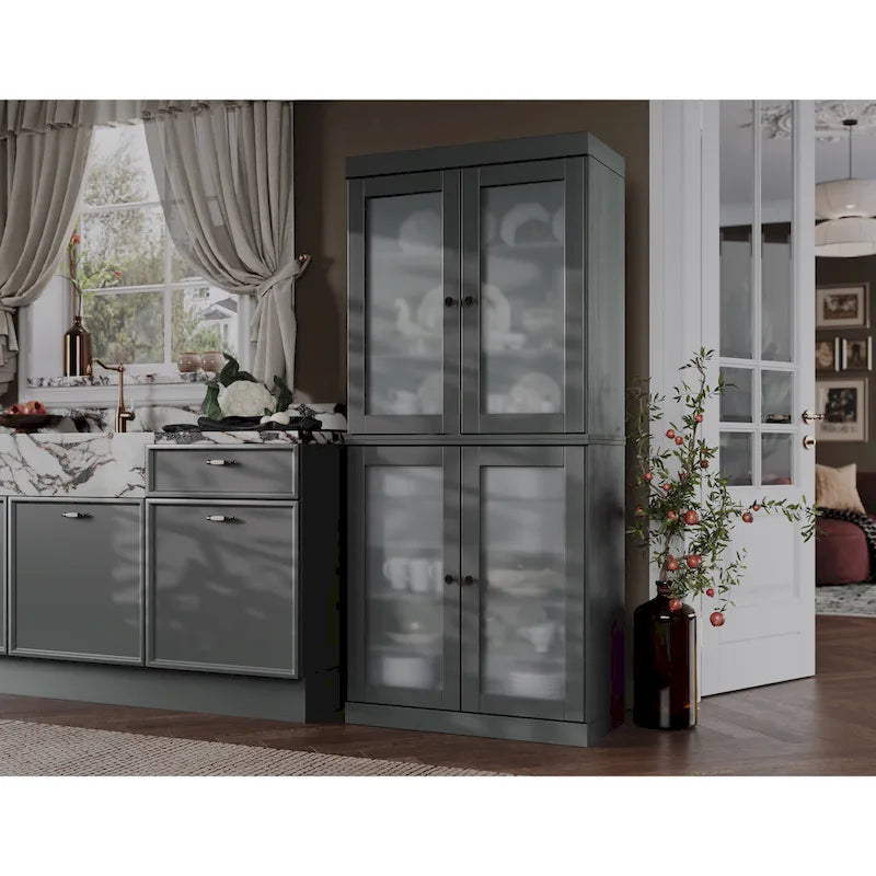 Vaisselier 100% pin massif | Portes en verre dépoli, 2 tiroirs | 81 cm (l) x 181,5 cm (H)