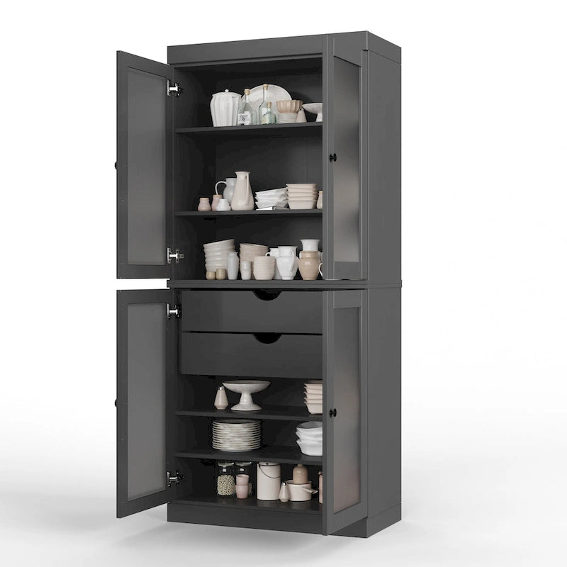 Vaisselier 100% pin massif | Portes en verre dépoli, 2 tiroirs | 81 cm (l) x 181,5 cm (H)