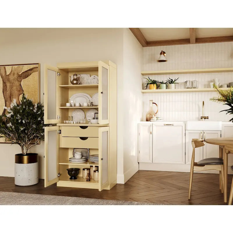 Vaisselier 100% pin massif | Portes en verre dépoli, 2 tiroirs | 81 cm (l) x 181,5 cm (H)