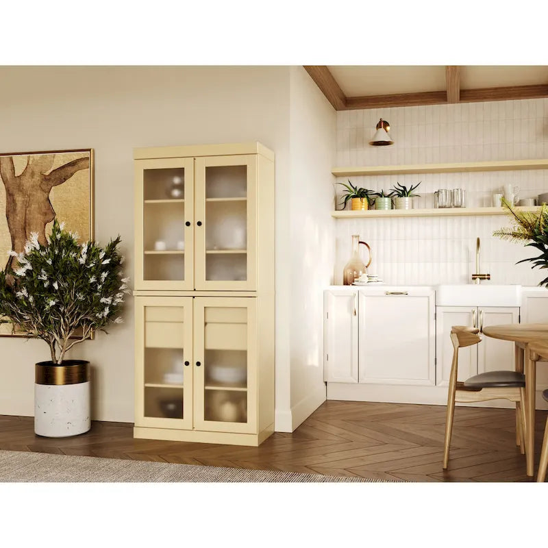 Vaisselier 100% pin massif | Portes en verre dépoli, 2 tiroirs | 81 cm (l) x 181,5 cm (H)