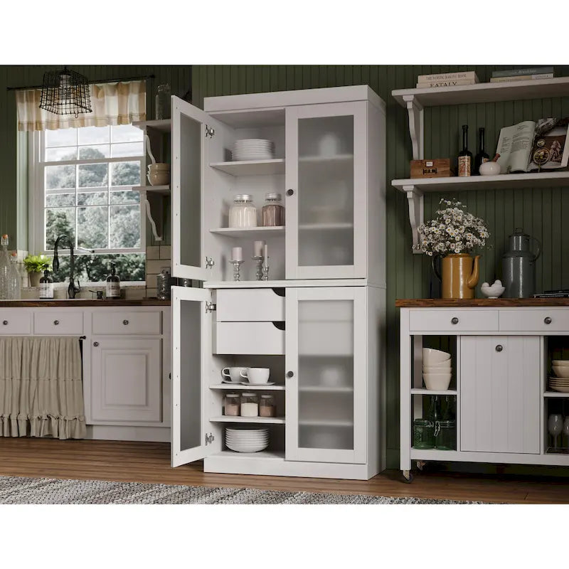 Vaisselier 100% pin massif | Portes en verre dépoli, 2 tiroirs | 81 cm (l) x 181,5 cm (H)
