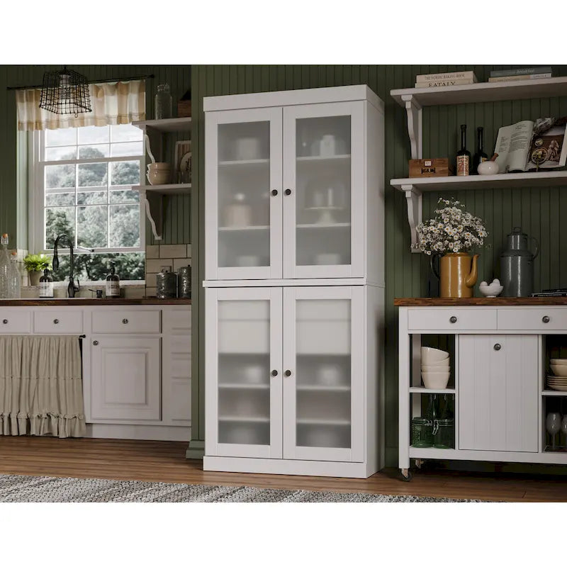 Vaisselier 100% pin massif | Portes en verre dépoli, 2 tiroirs | 81 cm (l) x 181,5 cm (H)