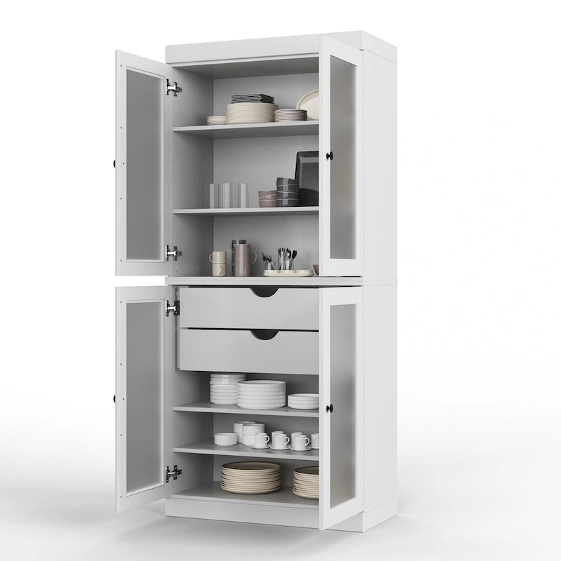 Vaisselier 100% pin massif | Portes en verre dépoli, 2 tiroirs | 81 cm (l) x 181,5 cm (H)