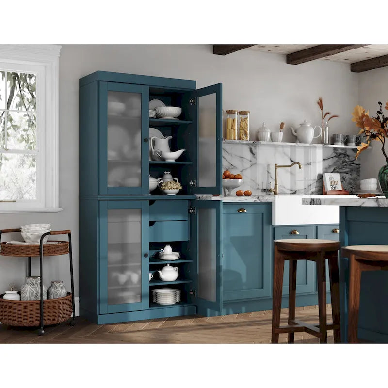 Vaisselier 100% pin massif | Portes en verre dépoli, 2 tiroirs | 81 cm (l) x 181,5 cm (H)